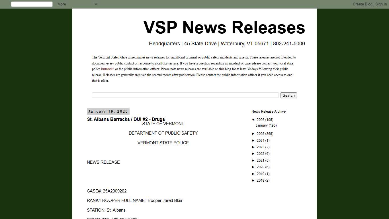 VSP News Releases: St. Albans Barracks / DUI #2 - Drugs